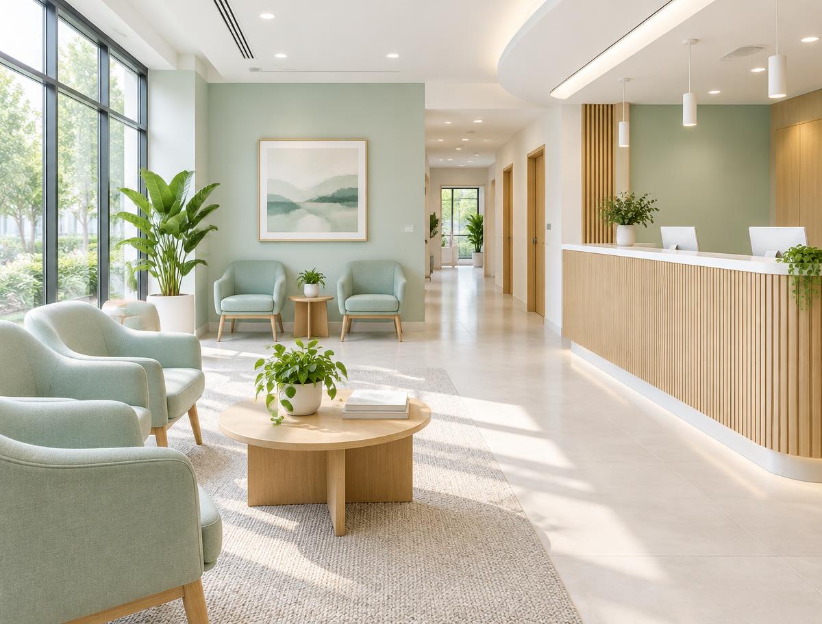 Illustrative image of a bright, clean clinic waiting area with plants