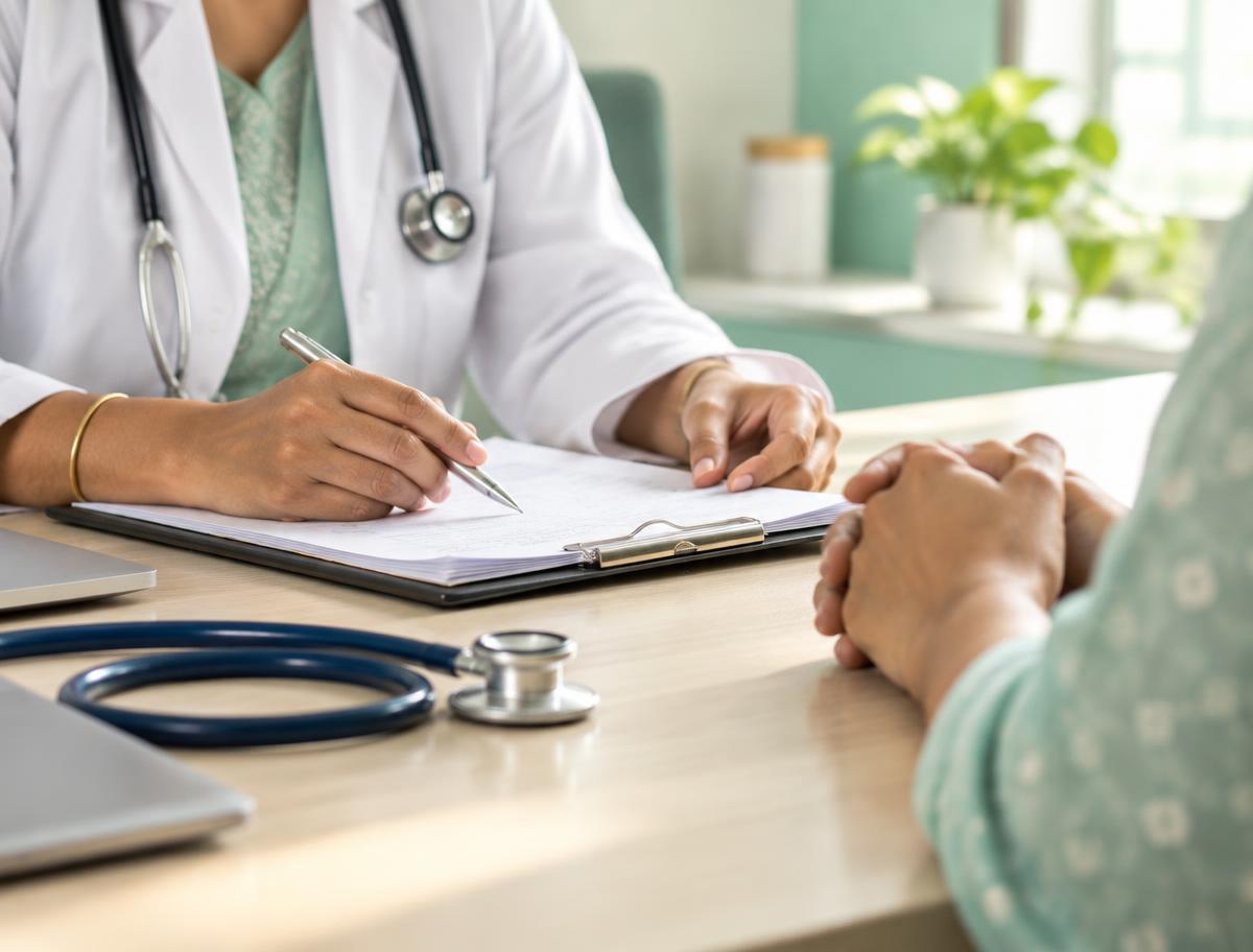 A doctor taking notes during a calm, unhurried consultation