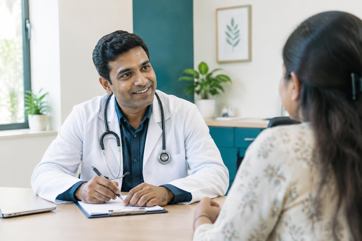 A doctor consulting with a patient in a bright, welcoming clinic room