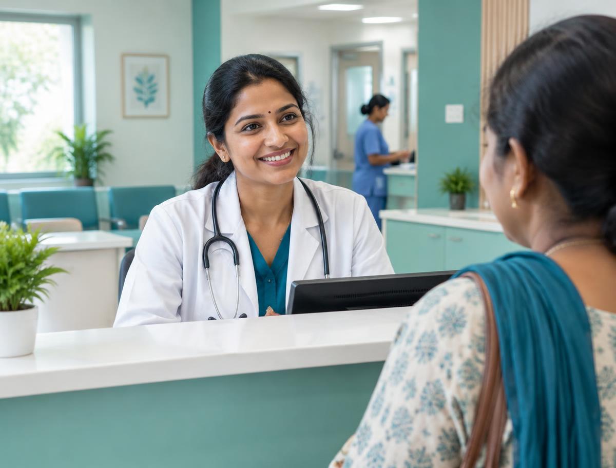 Illustrative image of a clinic reception team member greeting a patient